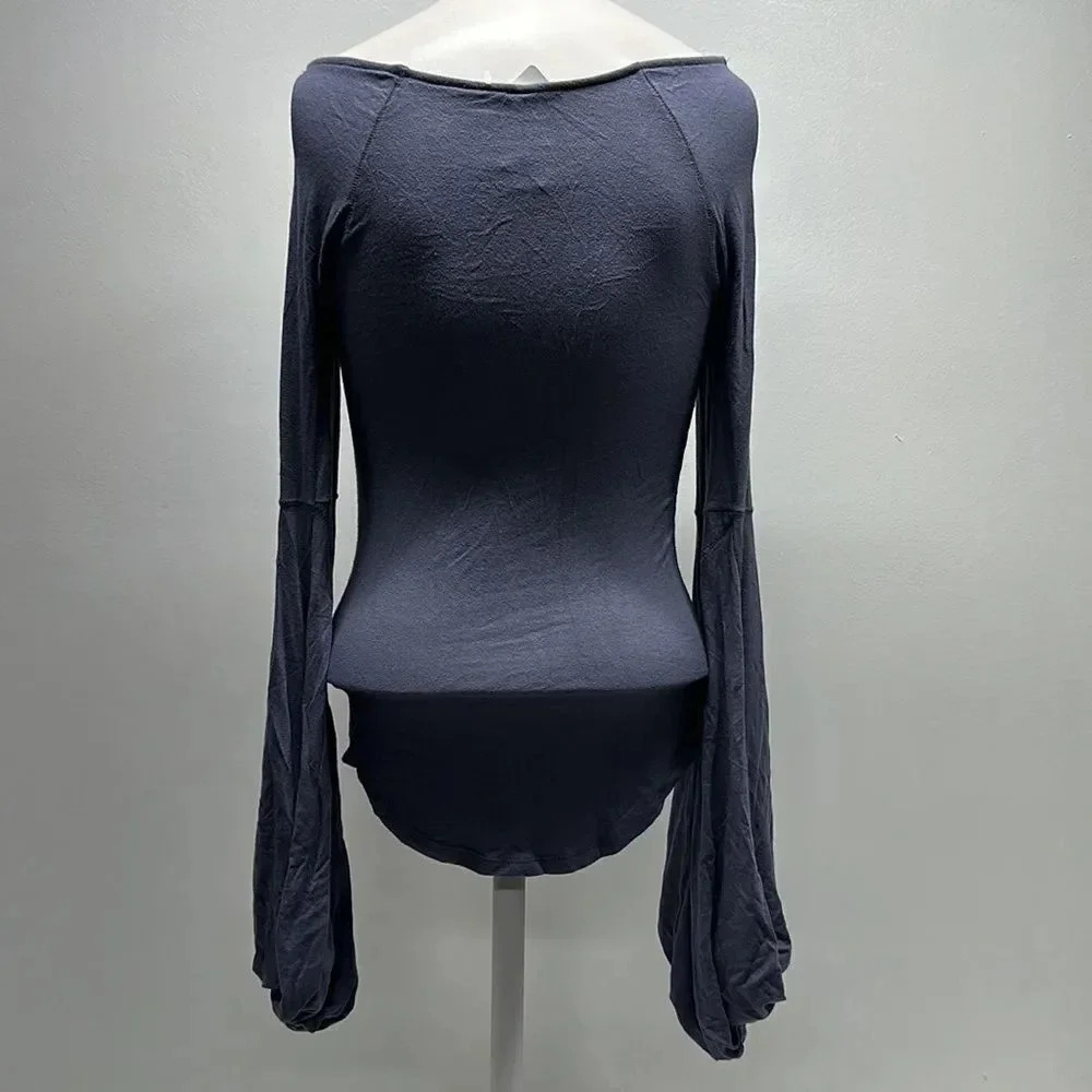 Free People To The Tropics Top Blouse Long Sleeve Tee Shirt Blue New Size Small - Picture 6 of 11
